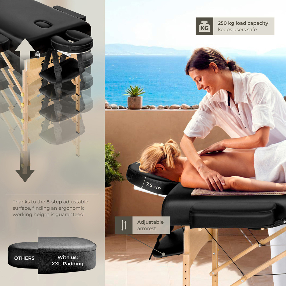 tectake Black 3 Zone Portable Adjustable Massage Table with Headrest Armrests and Carry Bag Image 4