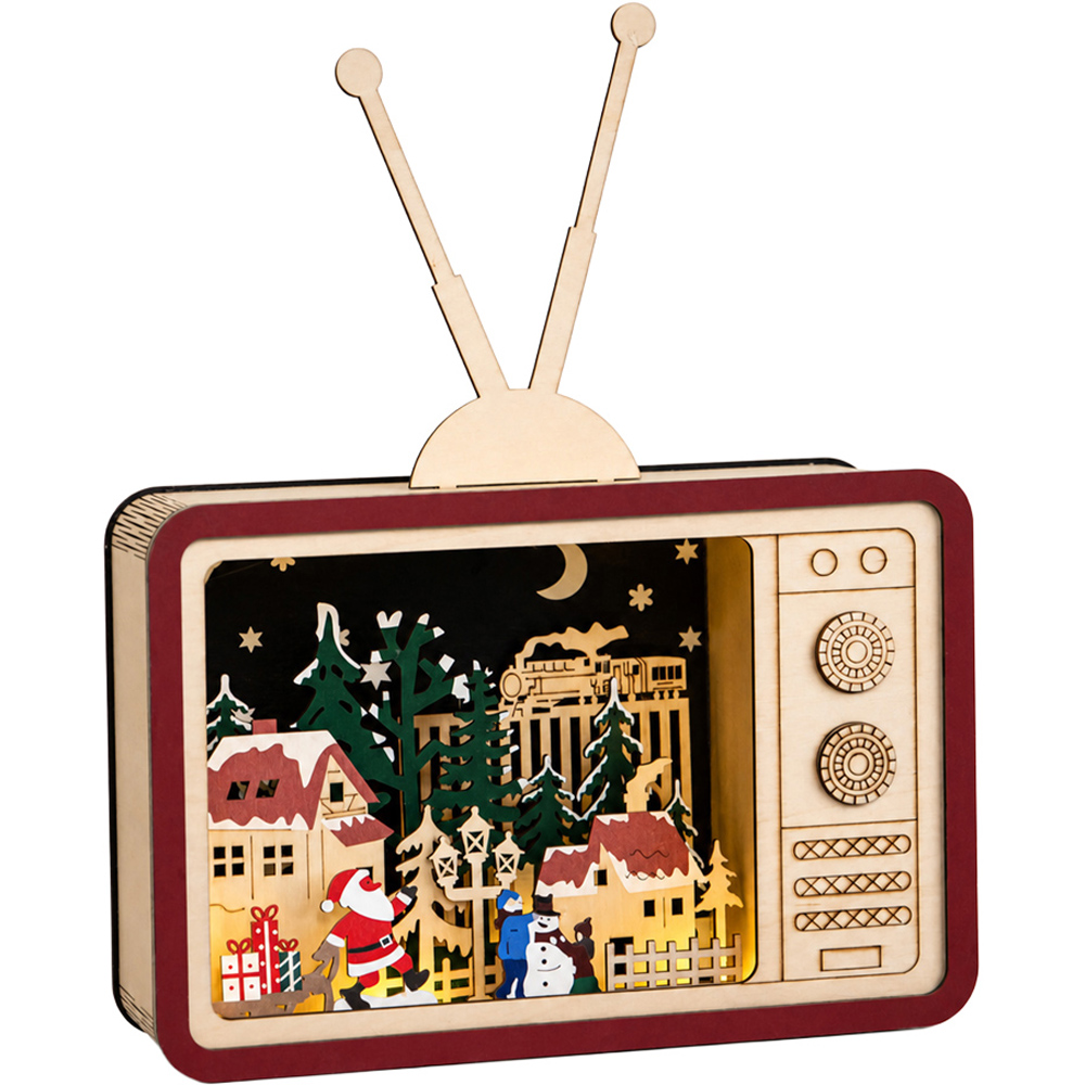 Samuel Alexander Warm White Wooden Vintage TV Village Scene Christmas Decoration 18cm Image