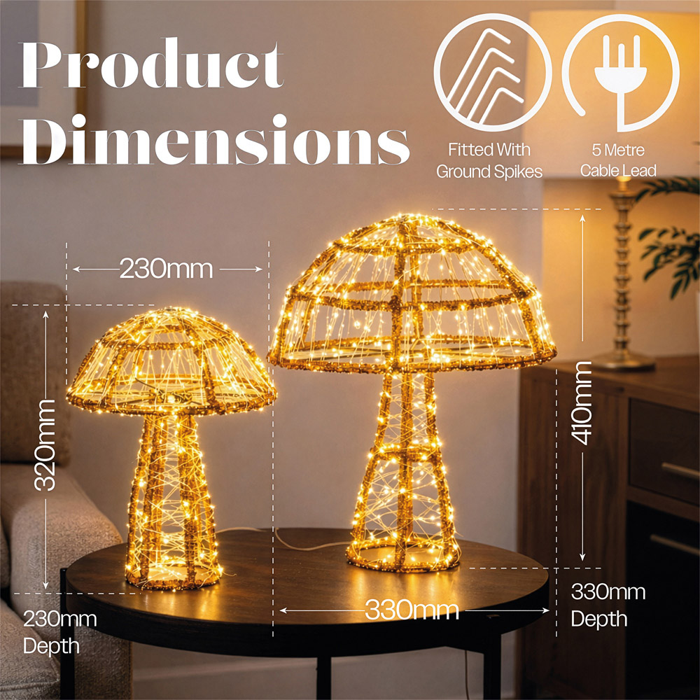 Xmas Haus 600 Warm White Micro LED Acrylic Mushroom Christmas Decoration Set of 2 Image 7
