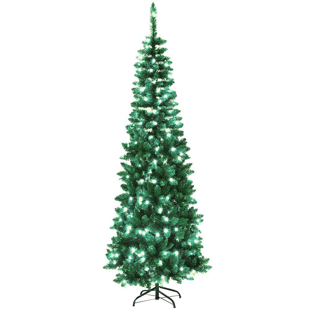 Shatchi Cool White LED Pre-Lit Slim Green Pencil Artificial Christmas Tree 6ft Image 1