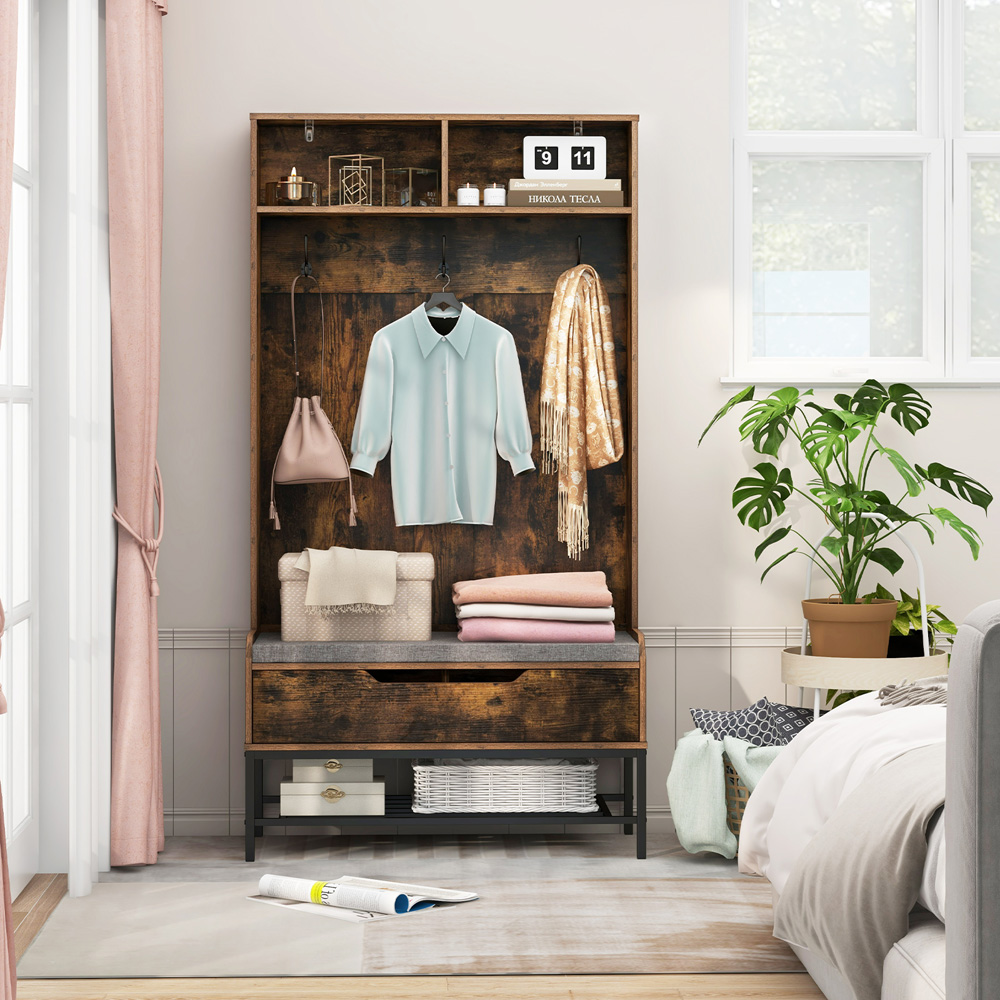 Costway 4 in 1 Rustic Brown Coat Rack with Seat Cushion Image 4