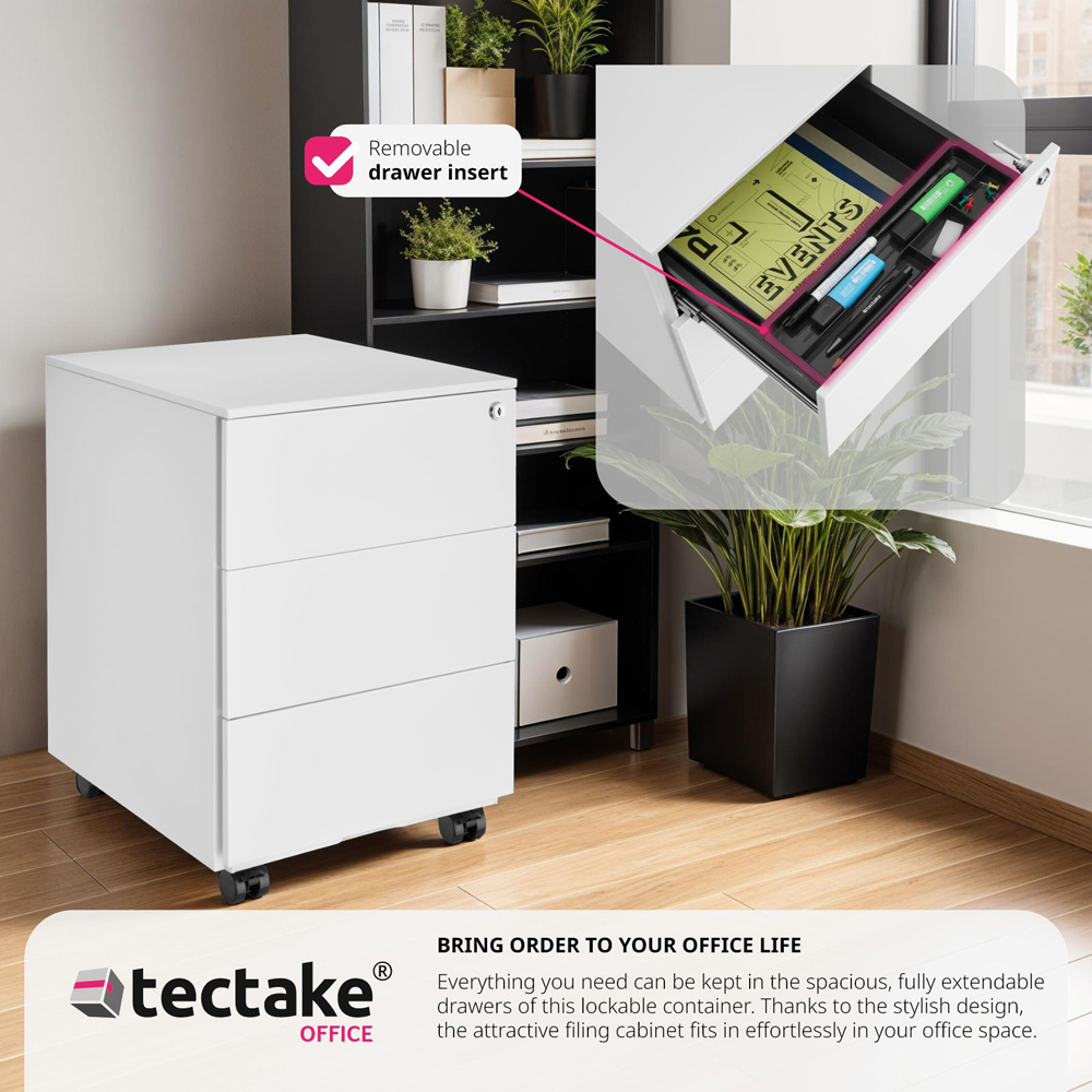 tectake Magna 3 Drawers White Lockable Chest of Drawers Image 7