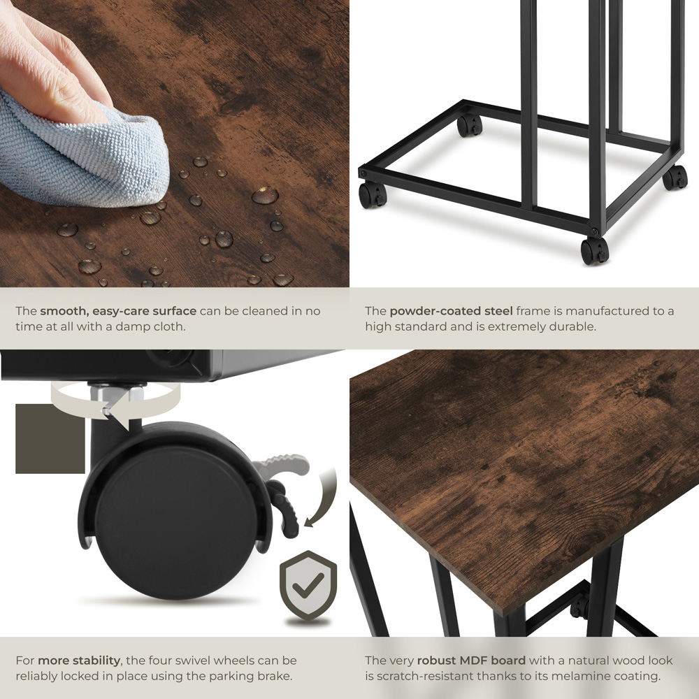 Tectake Luton C-Shape Rustic Dark Wood Bedside Table with Swivel Castors Image 5