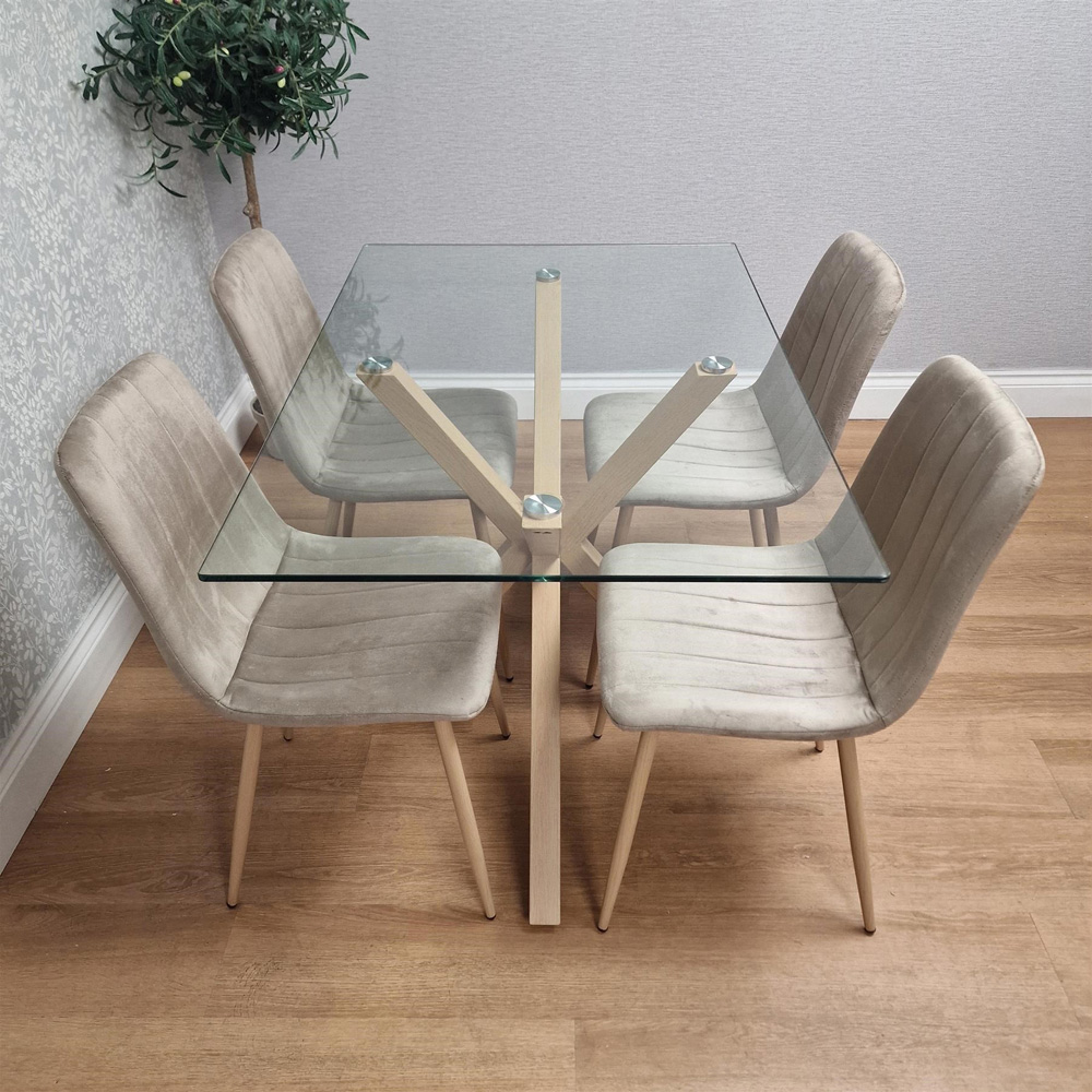 Kosy Koala 4 Seater Tempered Glass Velvet Dining Set Beige Image 2