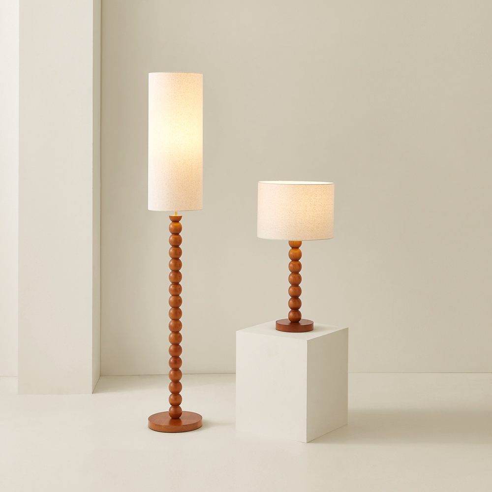 ValueLights Wyatt Natural Linen Tall Lamp Shade Walnut Wood Bobbin LED Floor Lamp Image 7
