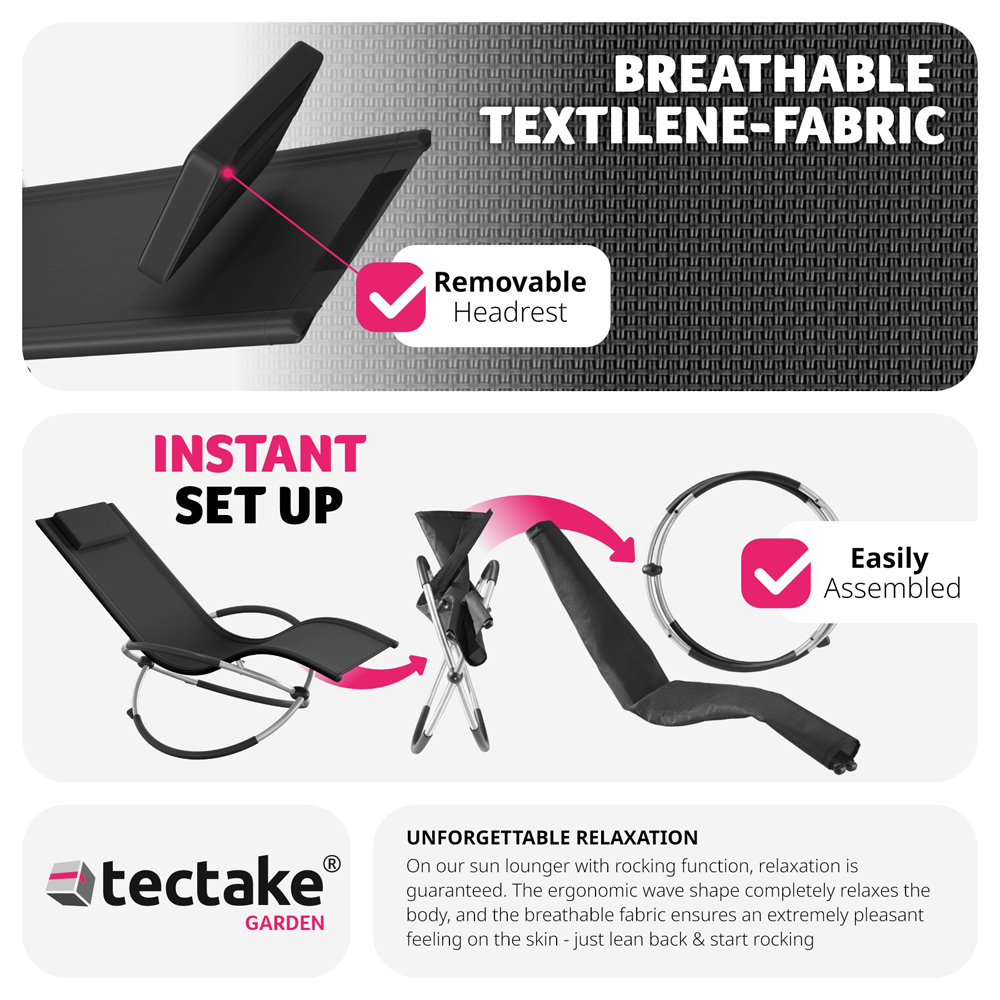 tectake Paulina Black Foldable Sun Lounger with Cushion Image 7