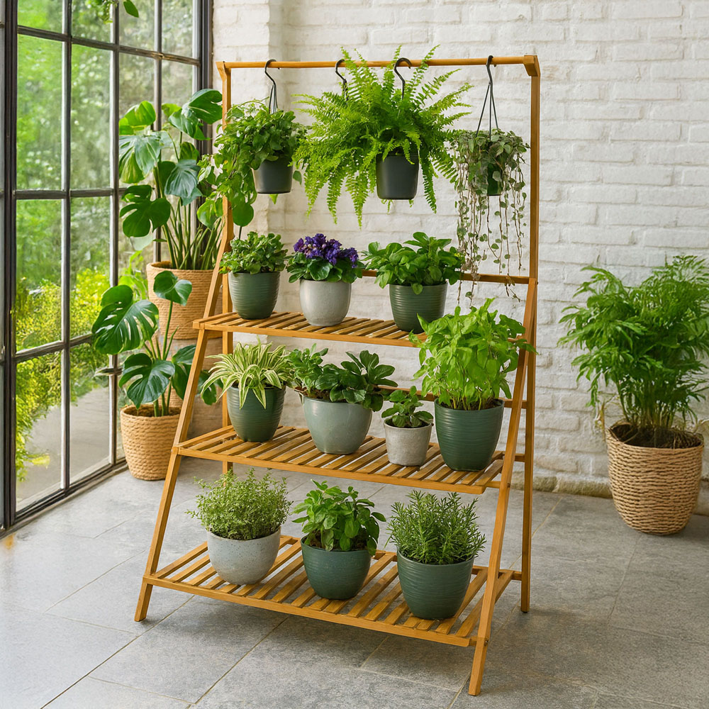 Neo 3 Tier Foldable Bamboo Plant Stand with Hanging Hook Image 4