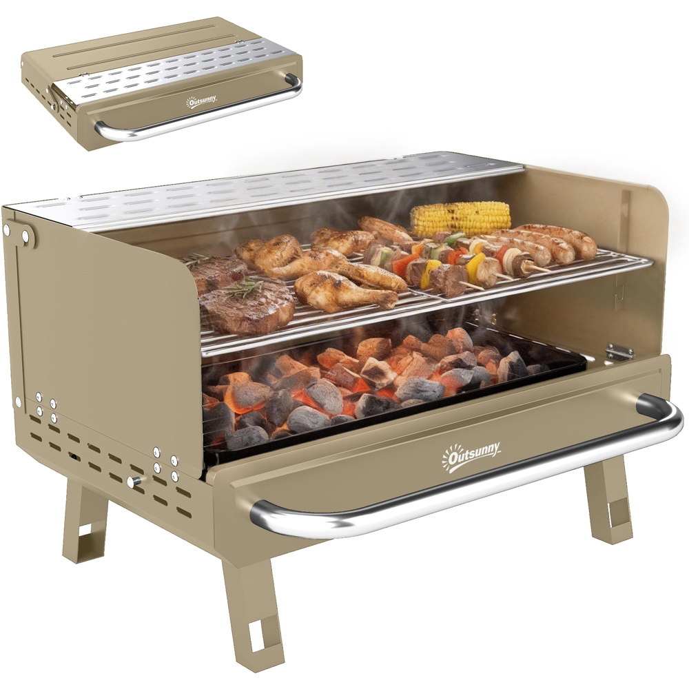 Outsunny Khaki Portable Barbecue Grill with Adjustable Grates and Side Shelf Image 3