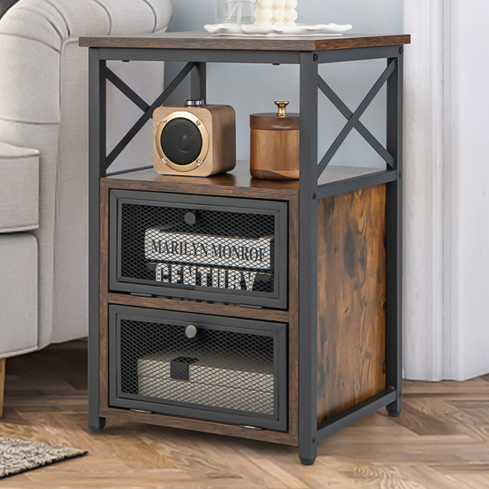 Costway 2 Door Single Shelf Rustic Brown Industrial Bedside Table Image 1