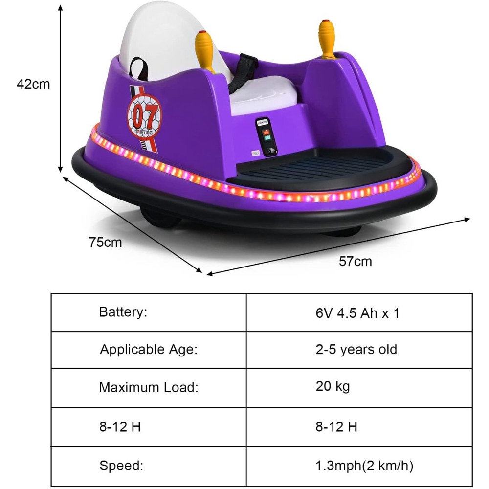 Costway Kids Purple Ride On Bumper Car with Colourful Flashing Lights and Music 6V Image 8
