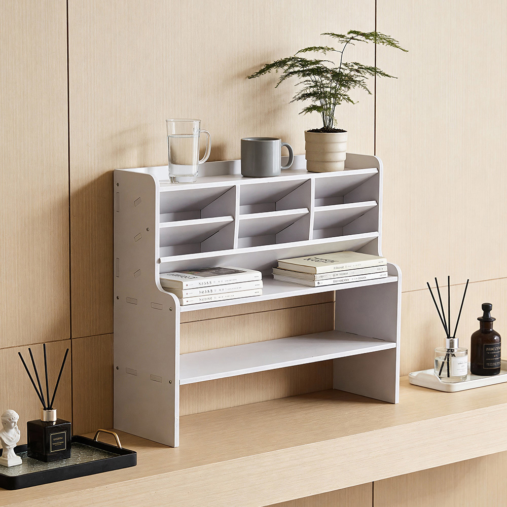 Living and Home 2 Shelf White Desktop Storage Shelf with Raised Base and Angled Compartments Image 7