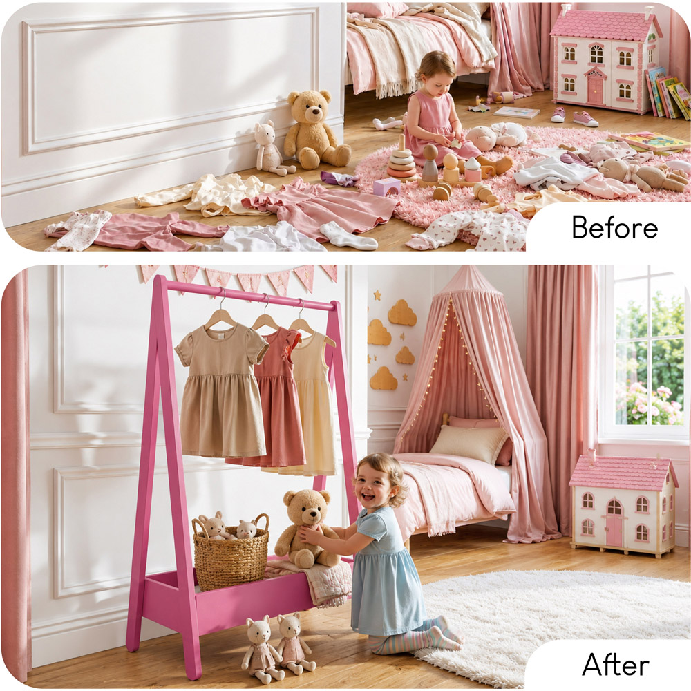 JUNIOR VIDA Pink Kids Clothes Rack with Storage Shelf Image 4