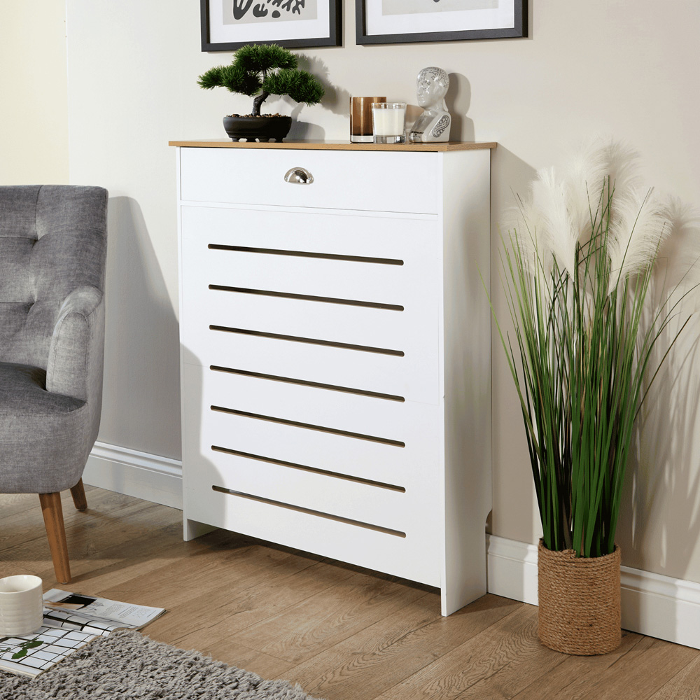 Home Source Batley Single Drawer White and Oak Horizontal Slat Radiator Cover Small Image 2