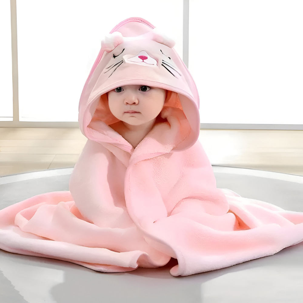 Dyzi Pink Animal Cartoon Ultra Soft and Absorbent Baby Hooded Bath Towel Image 2