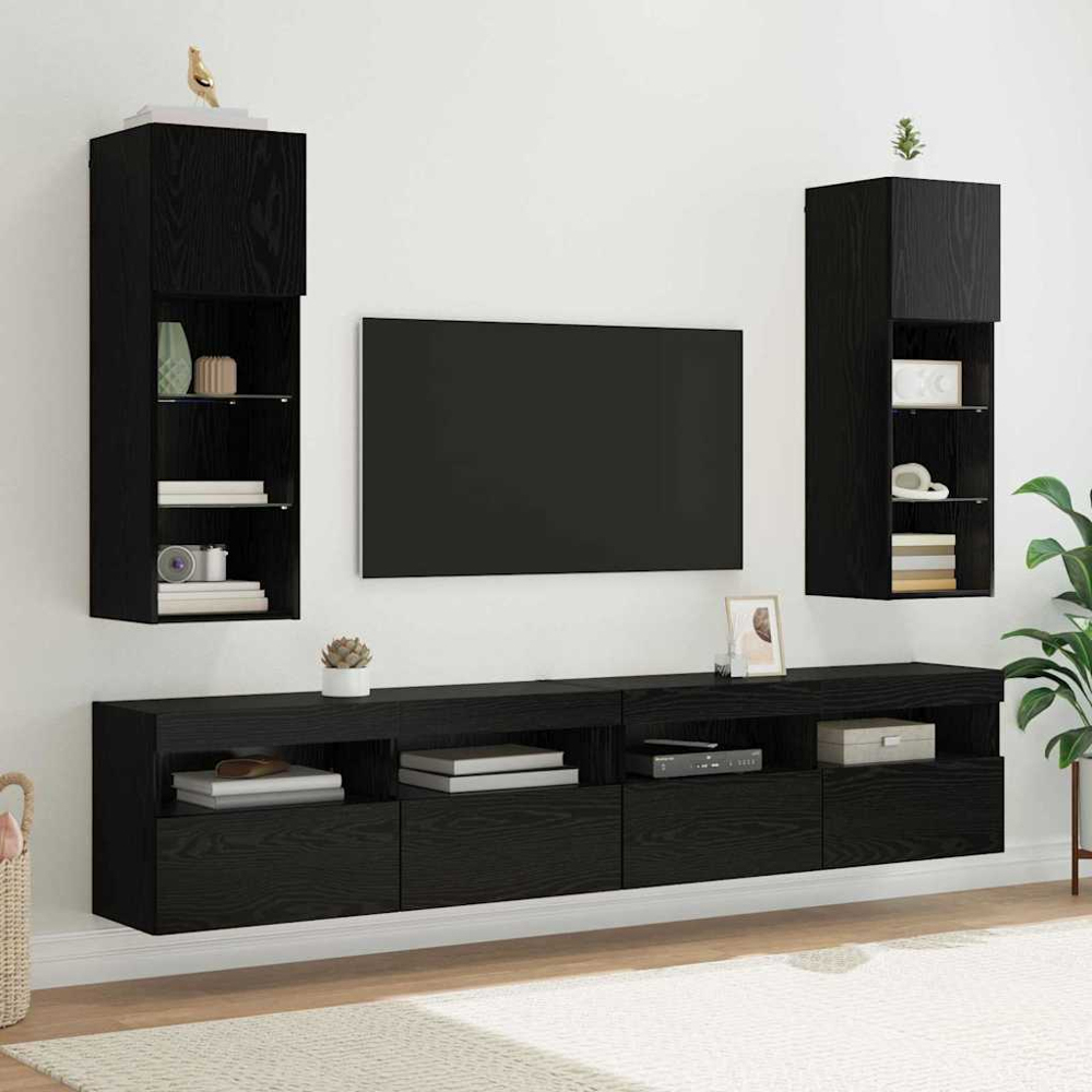 vidaXL Single Door 3 Shelf Black Oak Wall Mounted LED TV Unit Image 8