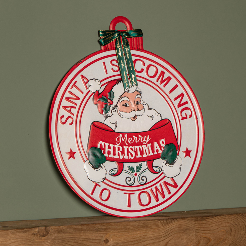 Samuel Alexander Red and White Round Metal Santa is Coming to Town Christmas Sign 47cm Image 5