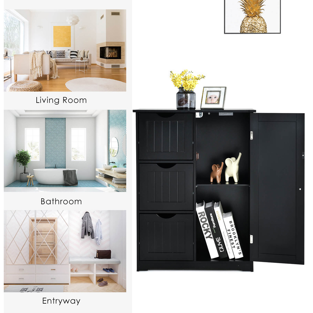 Costway Single Door 3 Drawer Black Freestanding Bathroom Cabinet Image 6