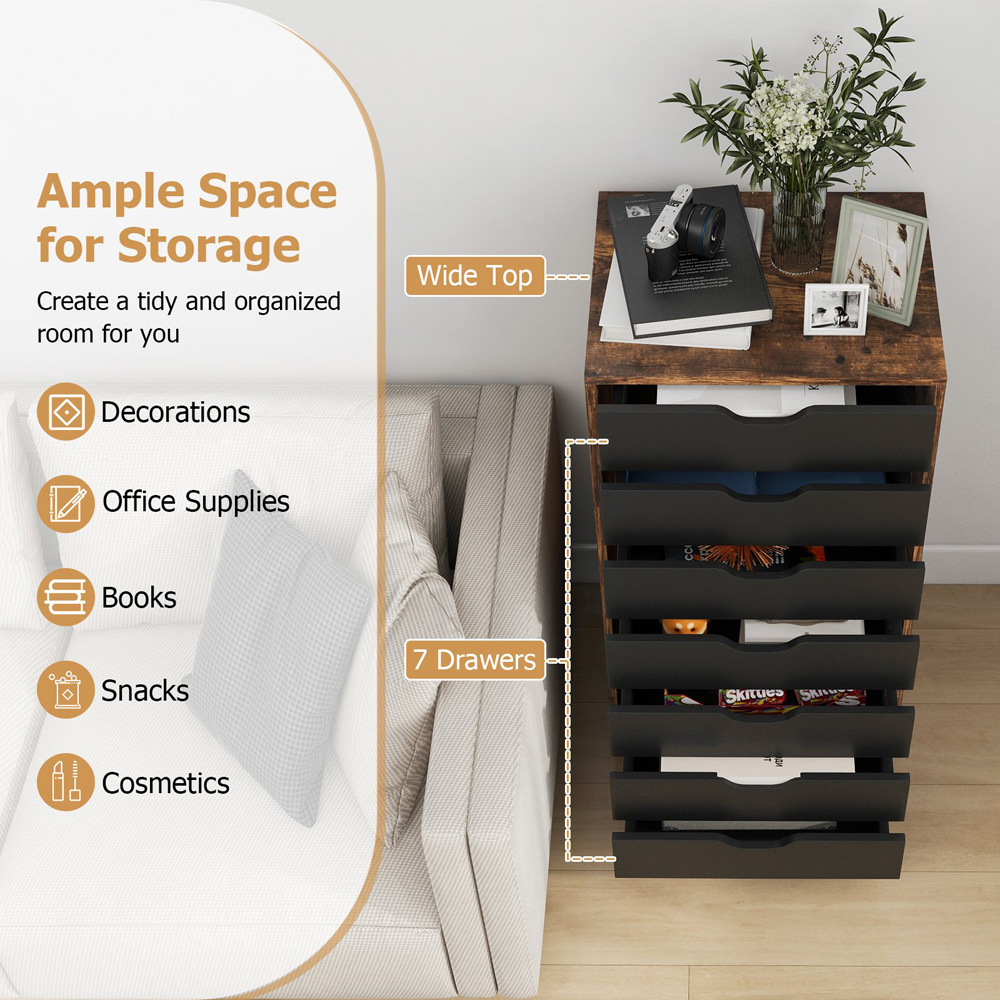 Costway 7 Drawer Brown Mobile File Cabinet Image 5