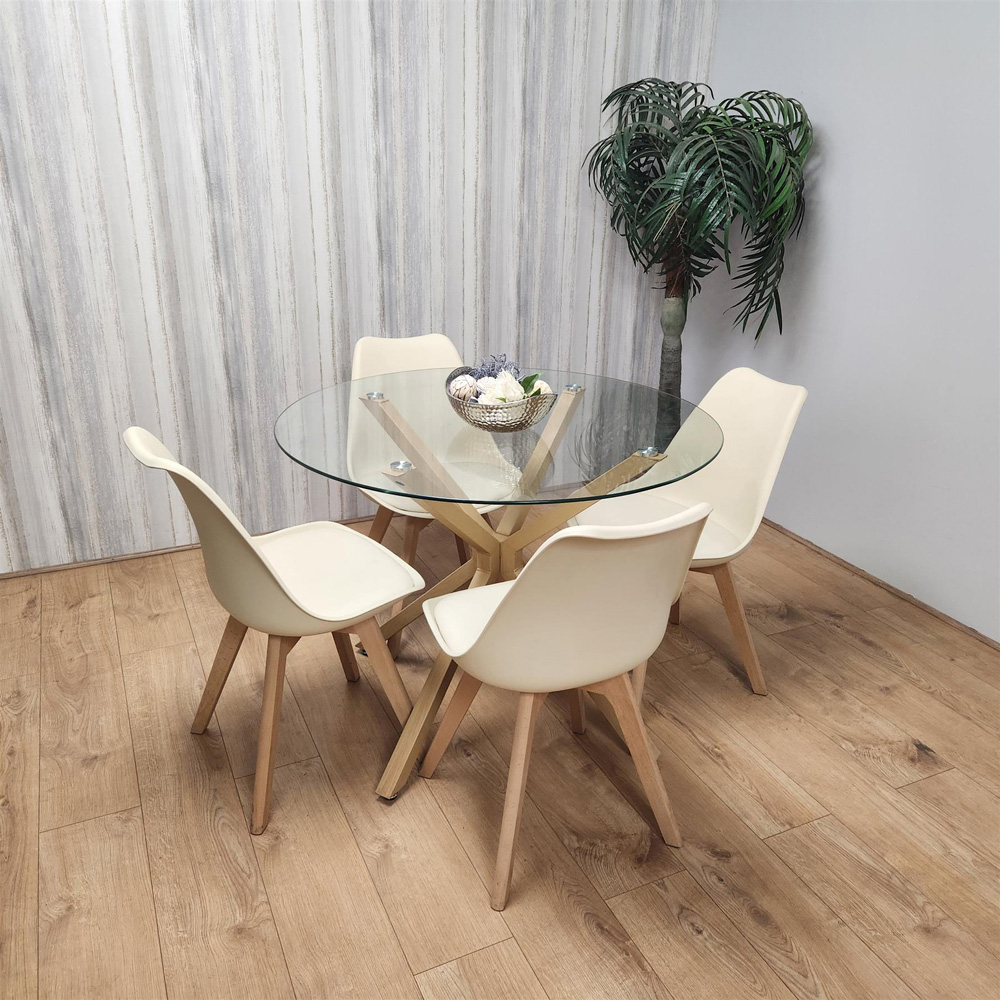 Kosy Koala 4 Seater Glass and Plastic Round Dining Table Set Oak Effect and Cream Image 3