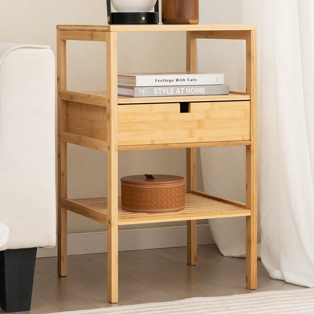 Costway Single Drawer 2 Shelf Natural Bamboo Nightstand Image 1