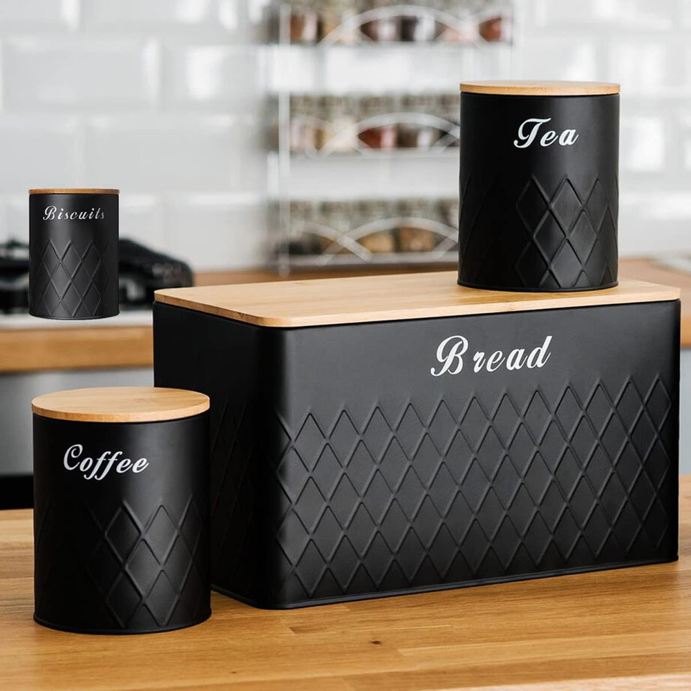 ATEK 5 Piece Black Kitchen Canister Set with Bamboo Lids Image 2