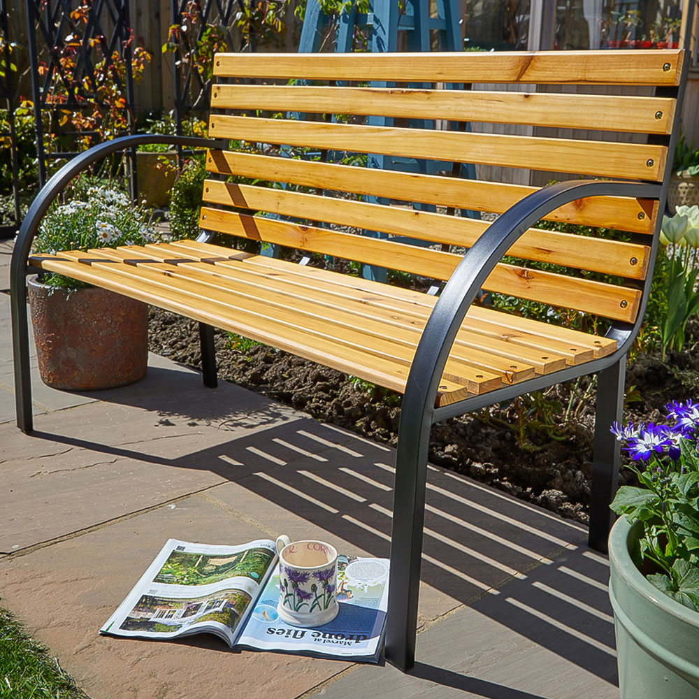 Home Source Lupine 2 Seater Wood and Metal Curved Garden Bench Image 1