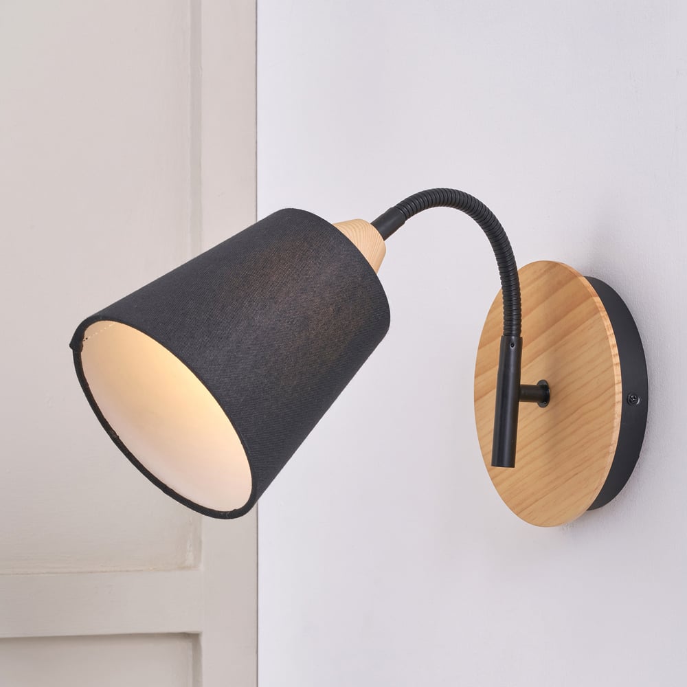 Pacific Lifestyle Juna Black Fabric Shade Black Metal and Natural Wood ...
