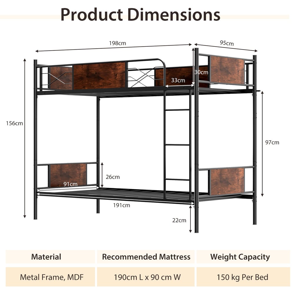 Costway Double Sleeper Convertible Metal Bunk Bed Frame with Ladder Image 9