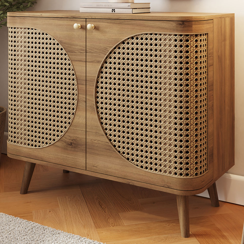 GFW Sorrel 2 Door Oak Rattan Compact Sideboard Image 1