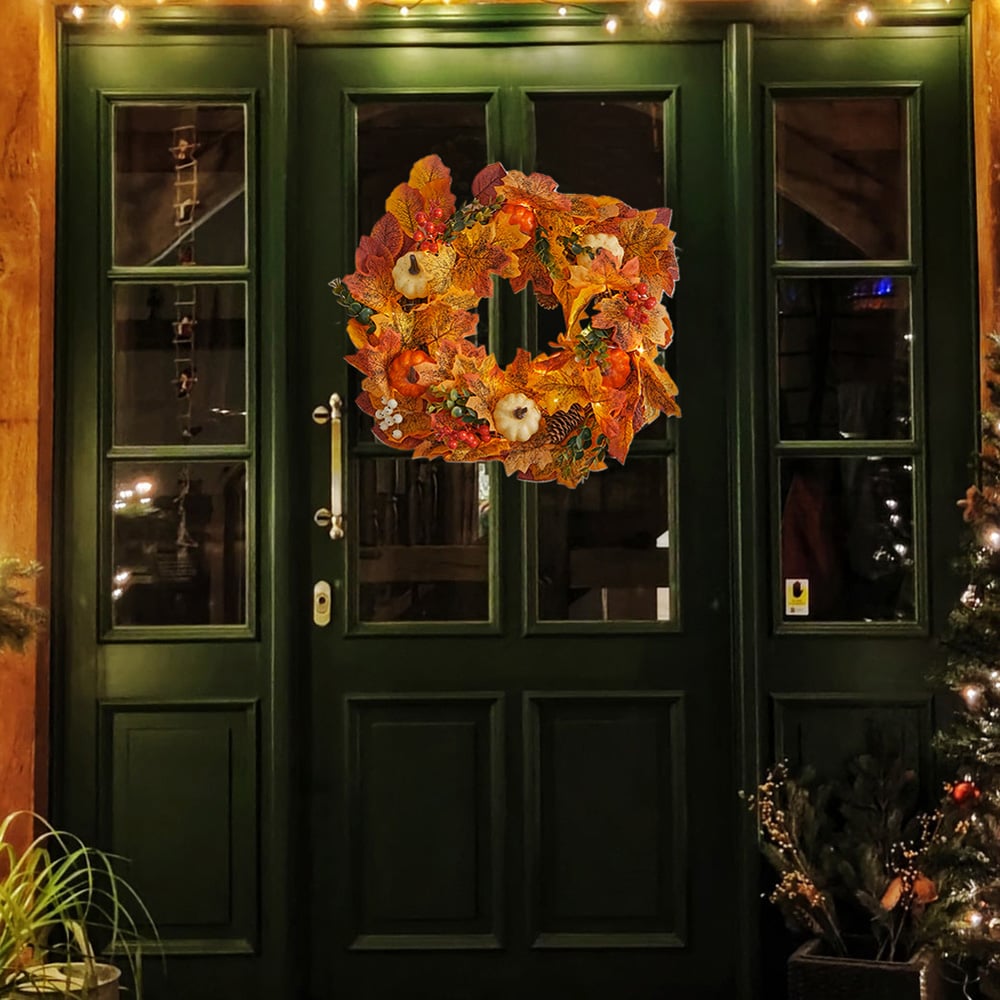 Living and Home LED Wreath with Maple Leaves Pumpkins and Berries 45cm Image 8