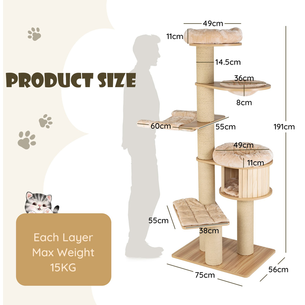 Costway 191cm Beige Cat Tree Scratcher Image 9