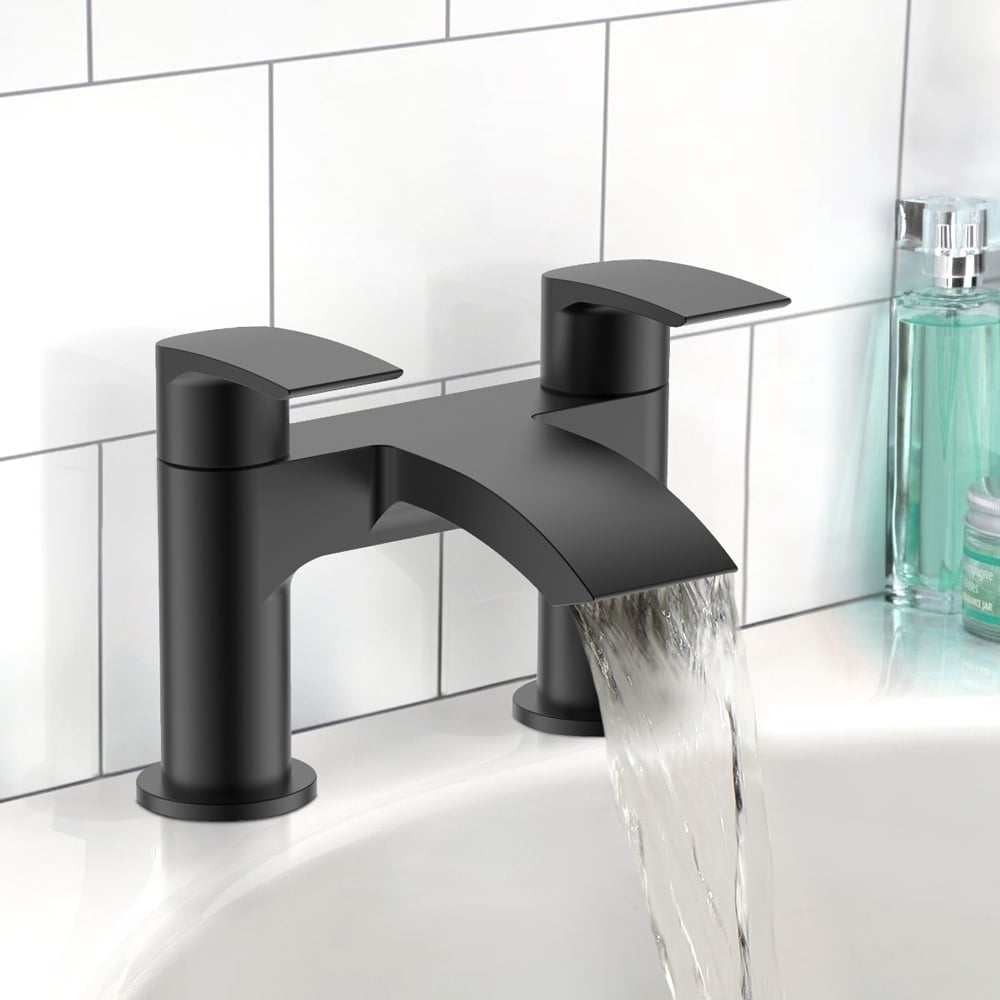 Nes Home Libra Waterfall Matte Black Bath Filler Tap and Basin Mixer Tap with Waste Image 2