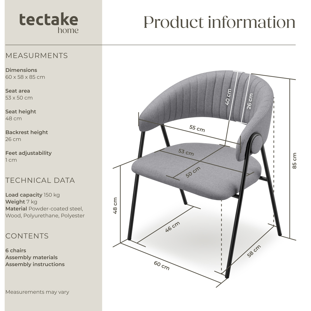 tectake Bedano Set of 6 Grey Dining Chair Image 9