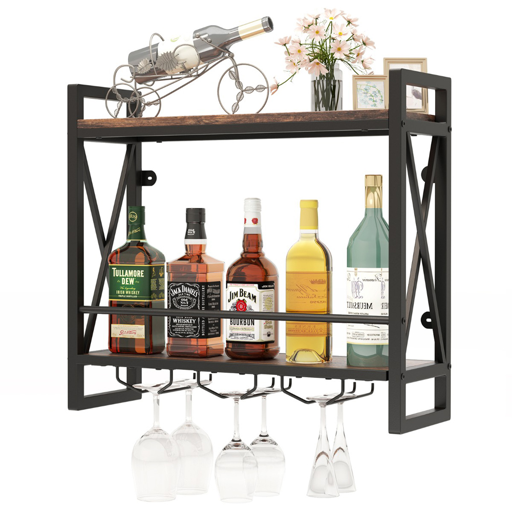 Costway 2 Shelf Wall Mounted Metal Wine Rack with 3 Glass Holders Image 3