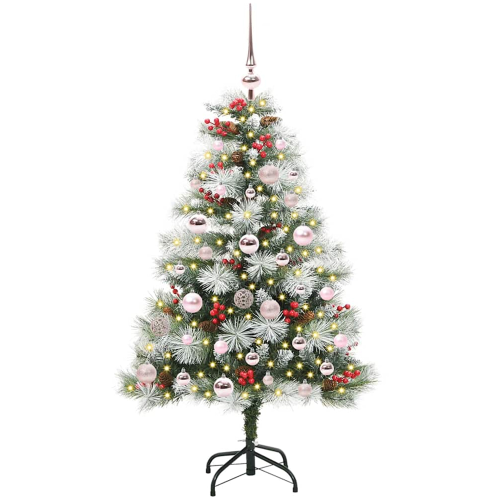 vidaXL Pre-Lit Pink Baubles Green Artificial Snow Flocked Christmas Tree 4ft Image 1