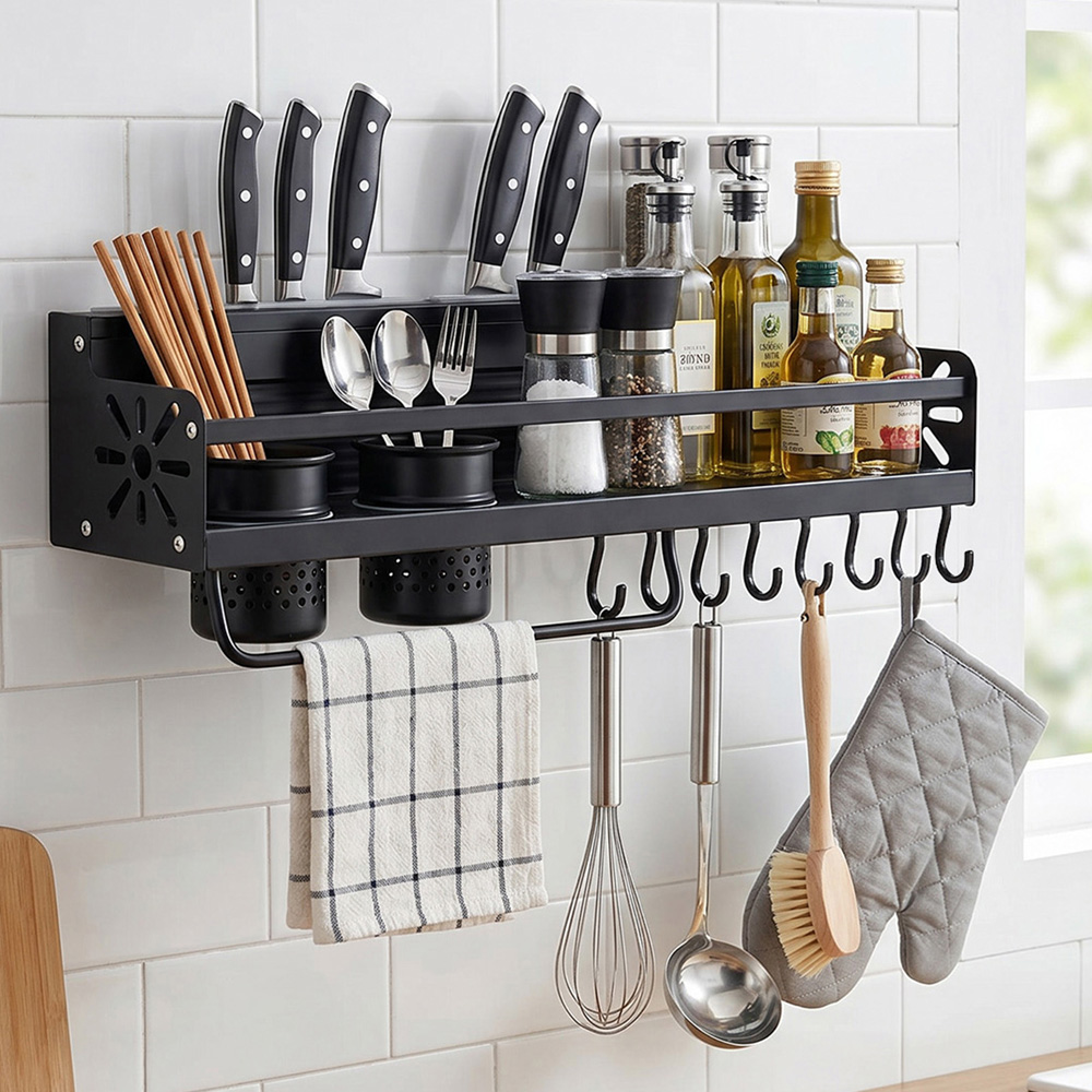 Kitchen Cooking Racks Living and Home Black Aluminium Kitchen Storage Rack with Knife Holder ...