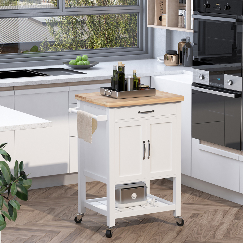 HOMCOM Single Drawer 2 Door White and Oak Kitchen Cart Image 2