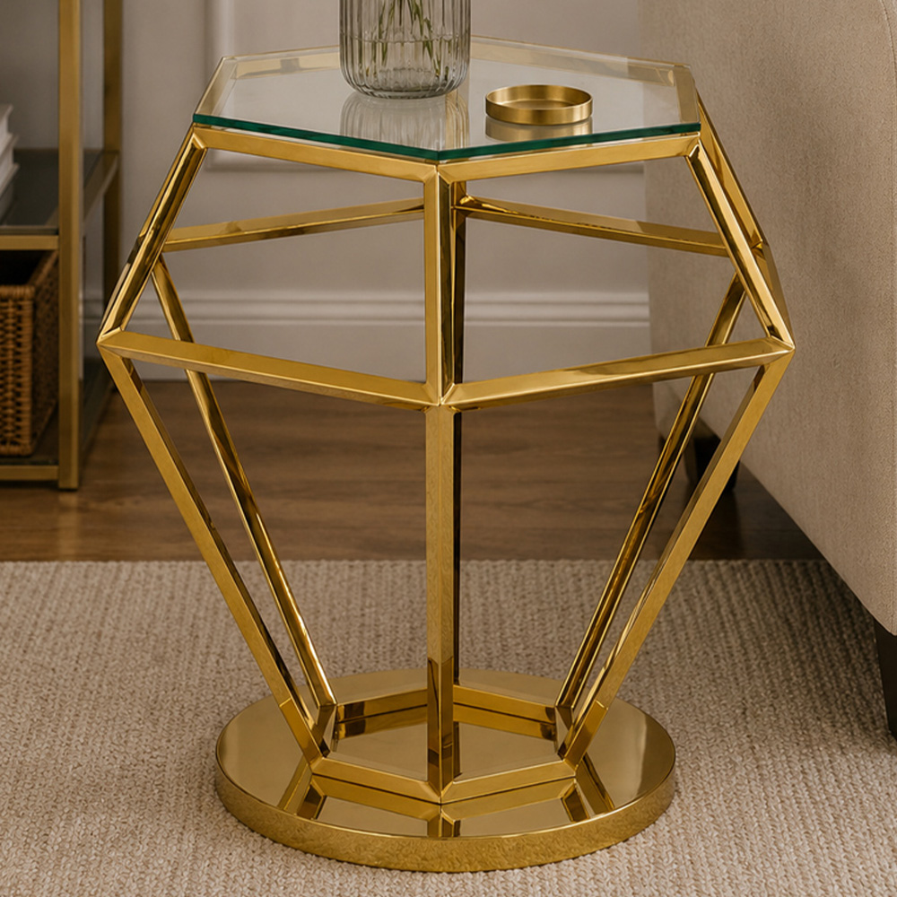 Premier Housewares Allure Gold Finish Diamond Small End Table with Glass Top Image 1