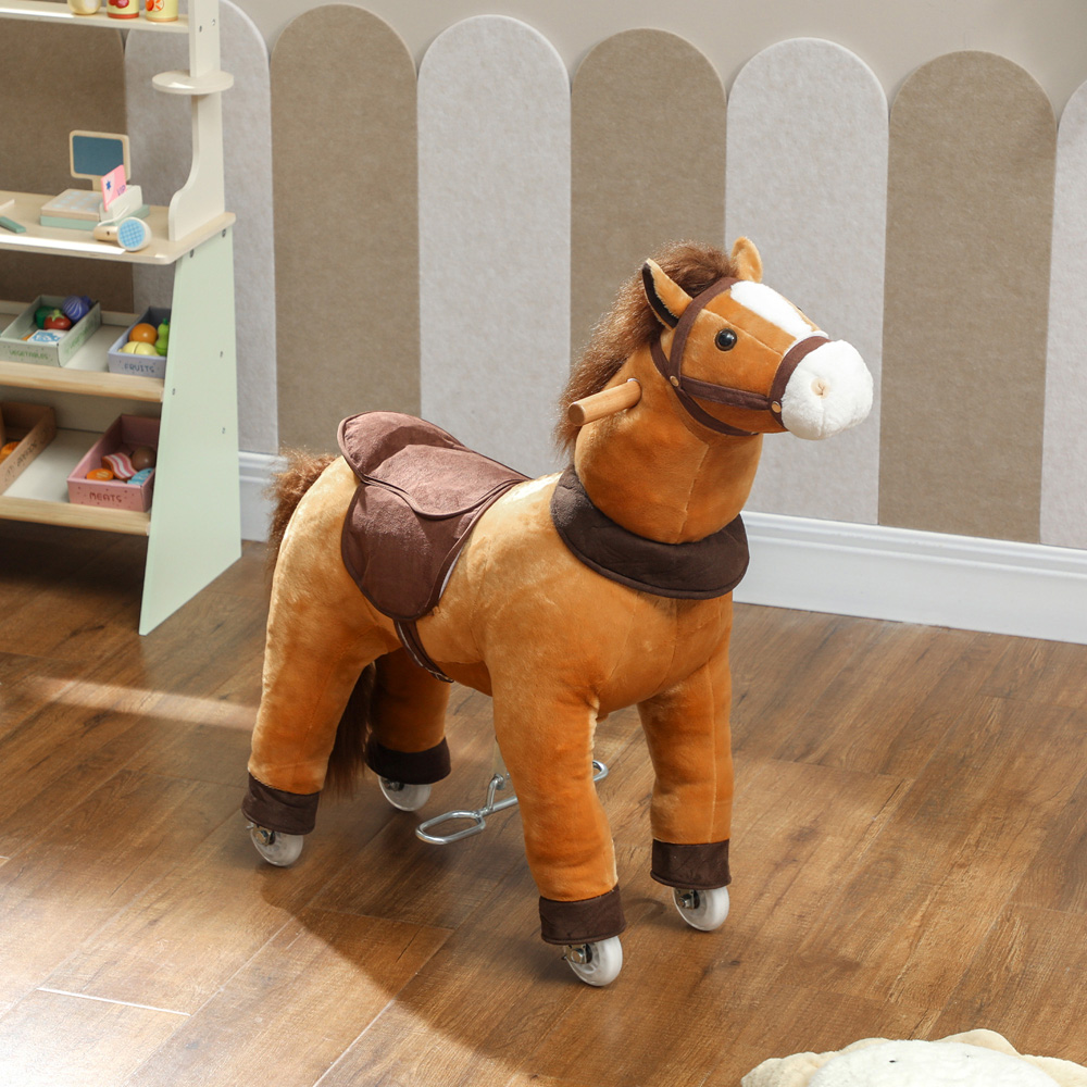 Tommy Toys AIYAPLAY Kids Brown Plush Ride On Rocking Horse with Wheels Image 3