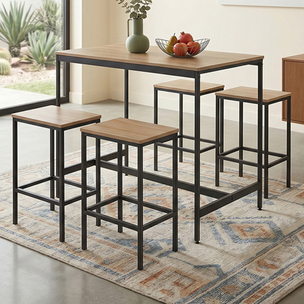 Living and Home 4 Seater Natural Wood and Black Bar Table and Stool Set Image 1
