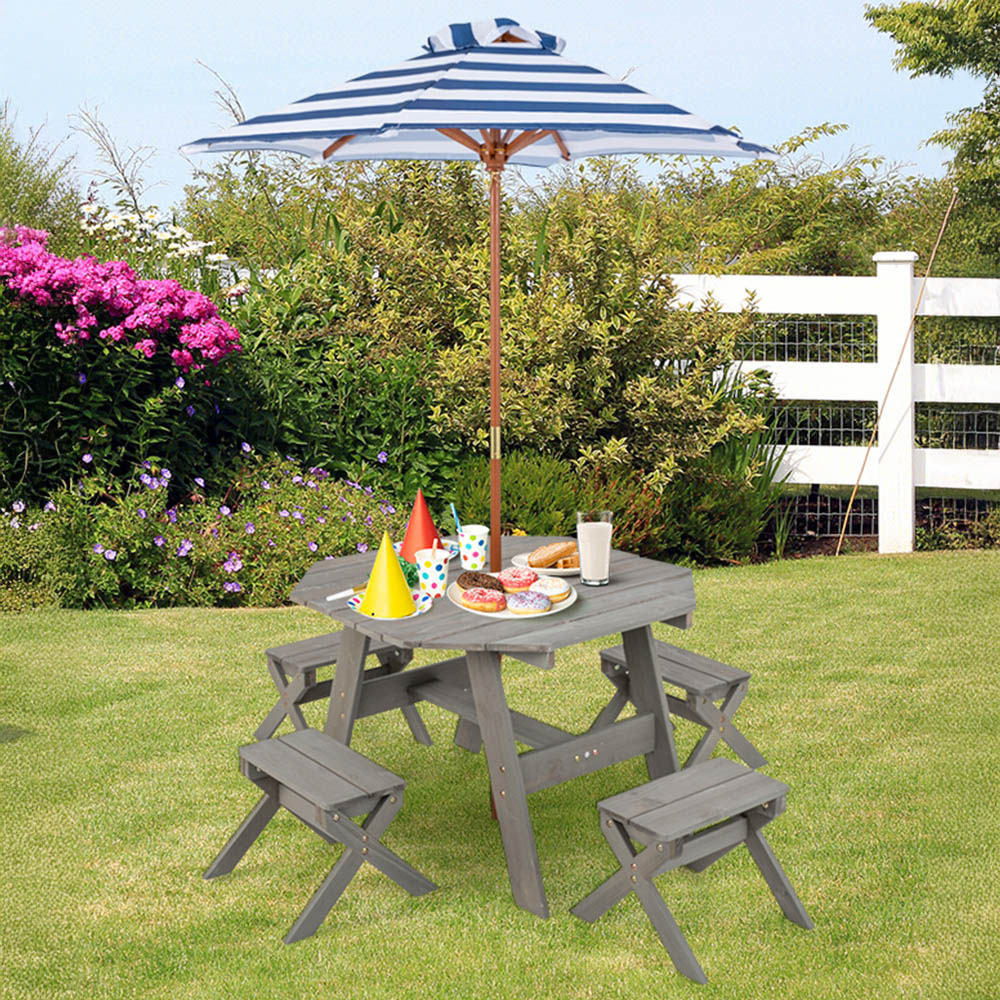 Costway 4 Seater Kids Picnic Dining Set with Adjustable Umbrella Grey Image 1