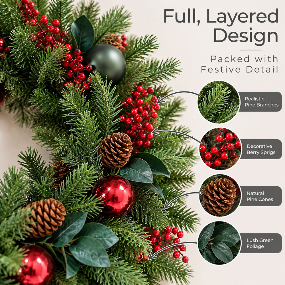 Neo Green Artificial Christmas Wreath with Berries and Pine Cones 50cm Image 5