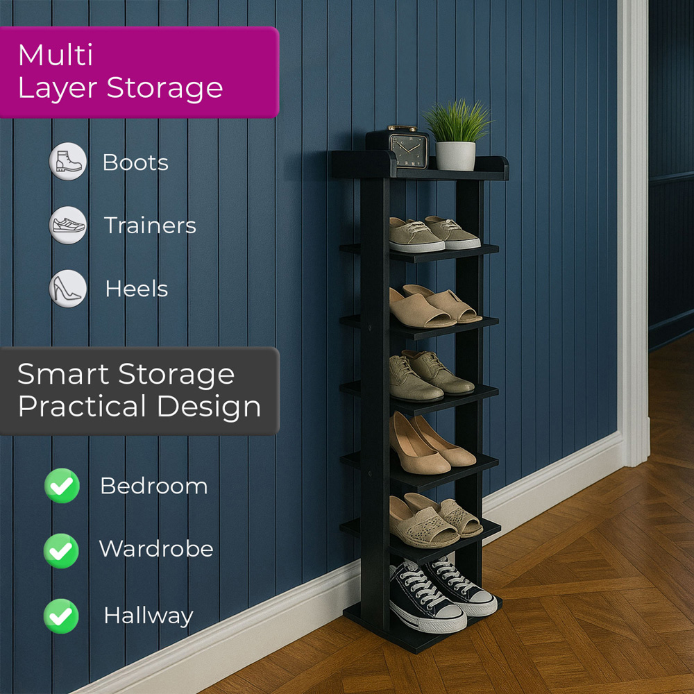 Neo 7 Shelf Black Wooden Slim Shoe Rack Image 4
