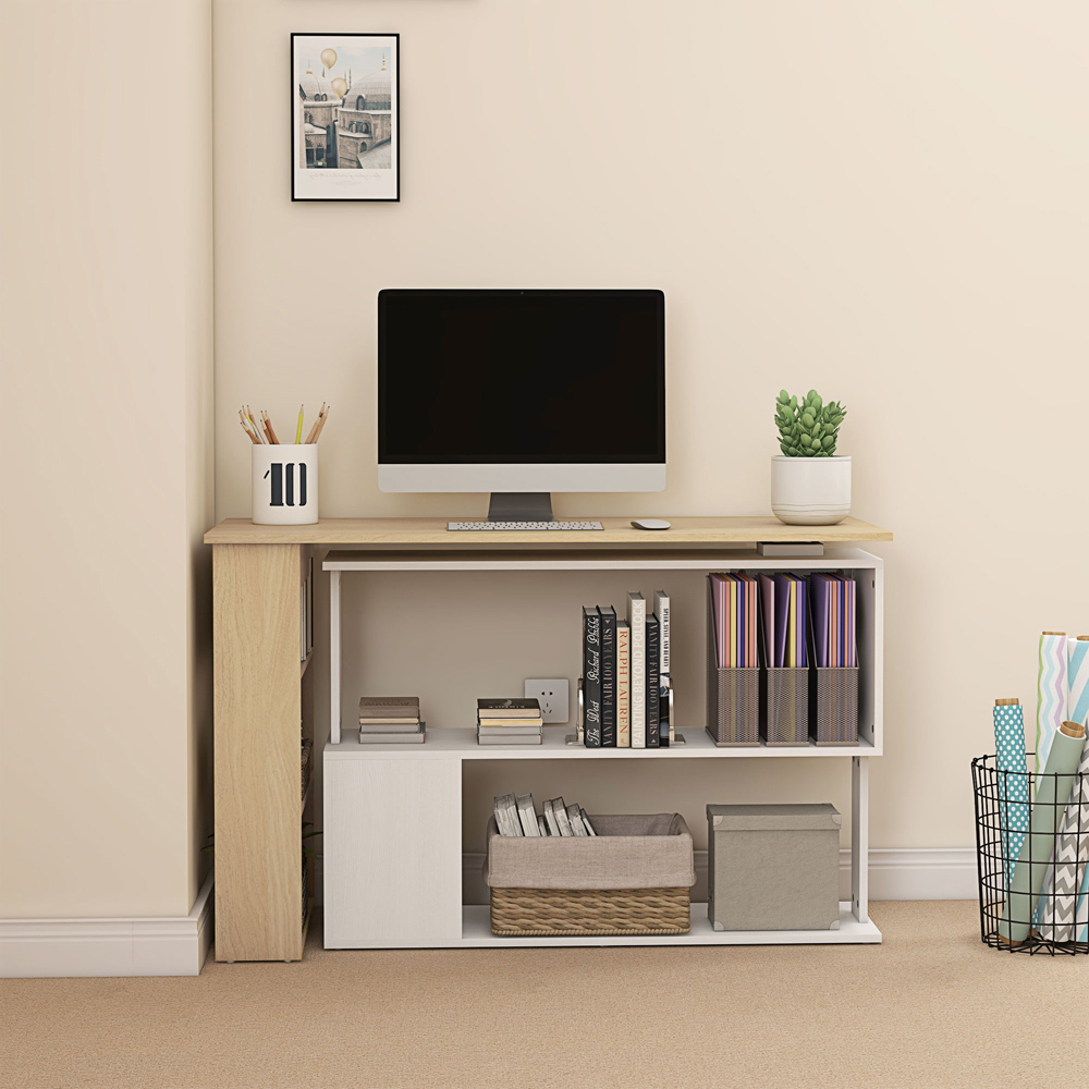 HOMCOM 5 Shelf Rotatable L-Shaped Corner Desk Natural and White Image 6