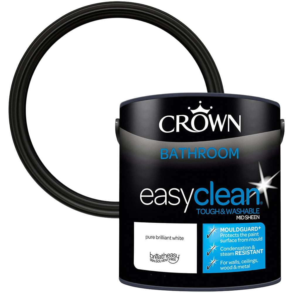 Crown Easyclean Mid Sheen Bathroom Paint - Pure Brilliant White / 2.5l Image 1