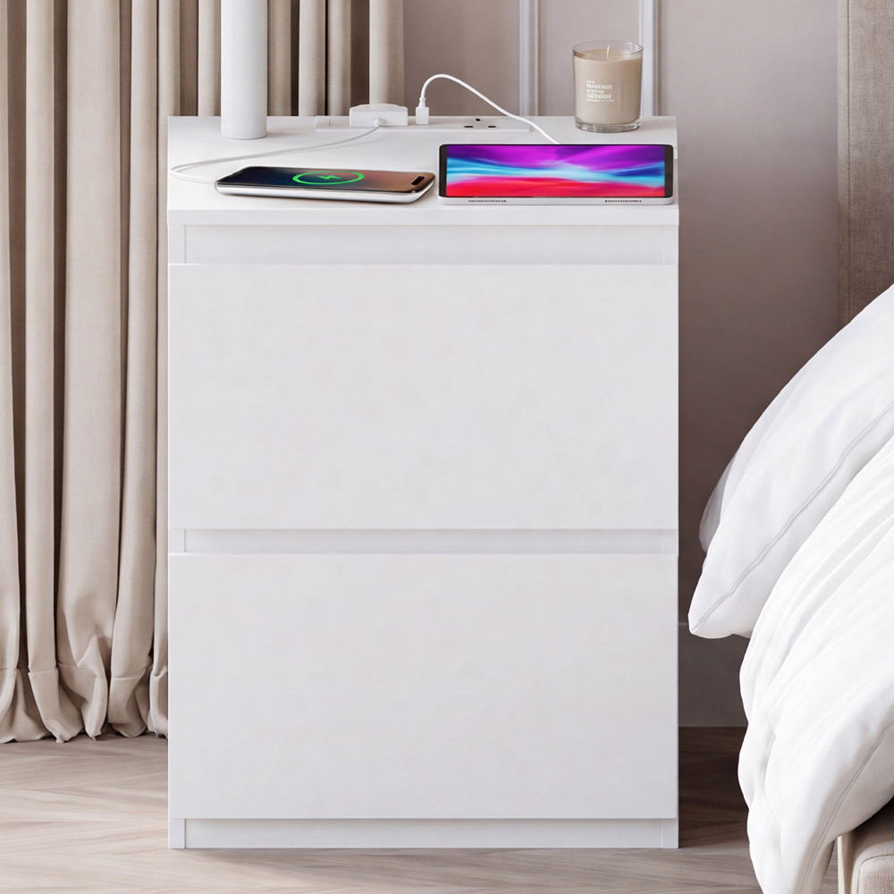 VIDA DESIGNS Denver 2 Drawer White Large Bedside Chest with Power Outlet Image 3