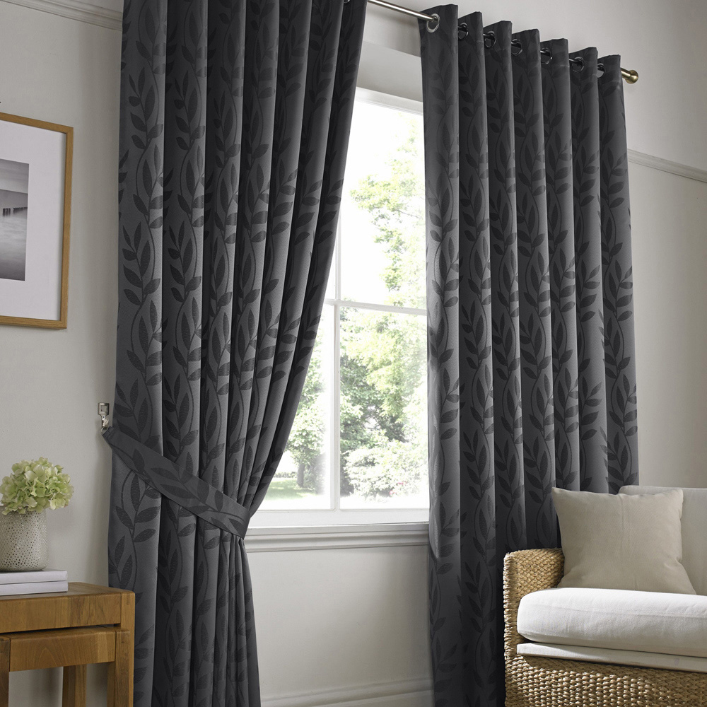 Alan Symonds Dupion Charcoal Leaf Jacquard Ring Top Eyelet Curtains 168 x 183cm Image 1
