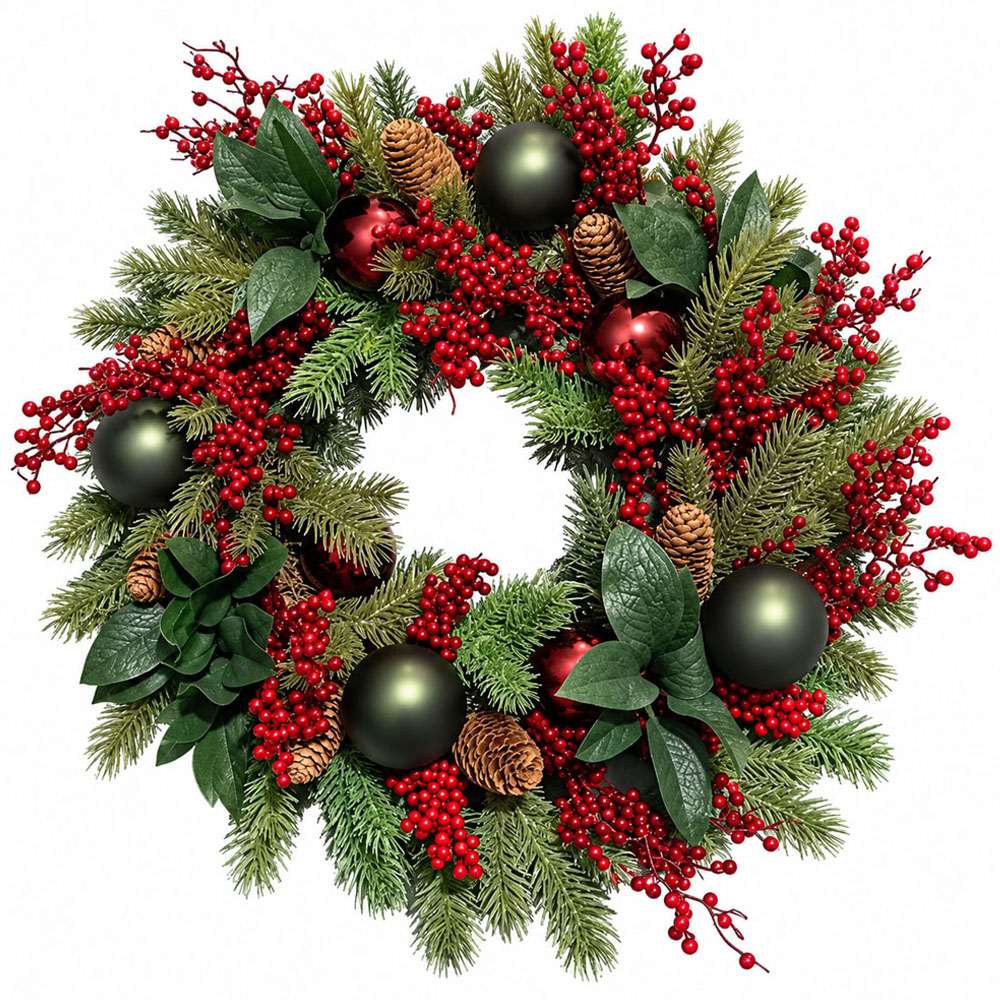 Neo Green and Red Artificial Christmas Wreath with Berries and Pine Cones 50cm Image 1