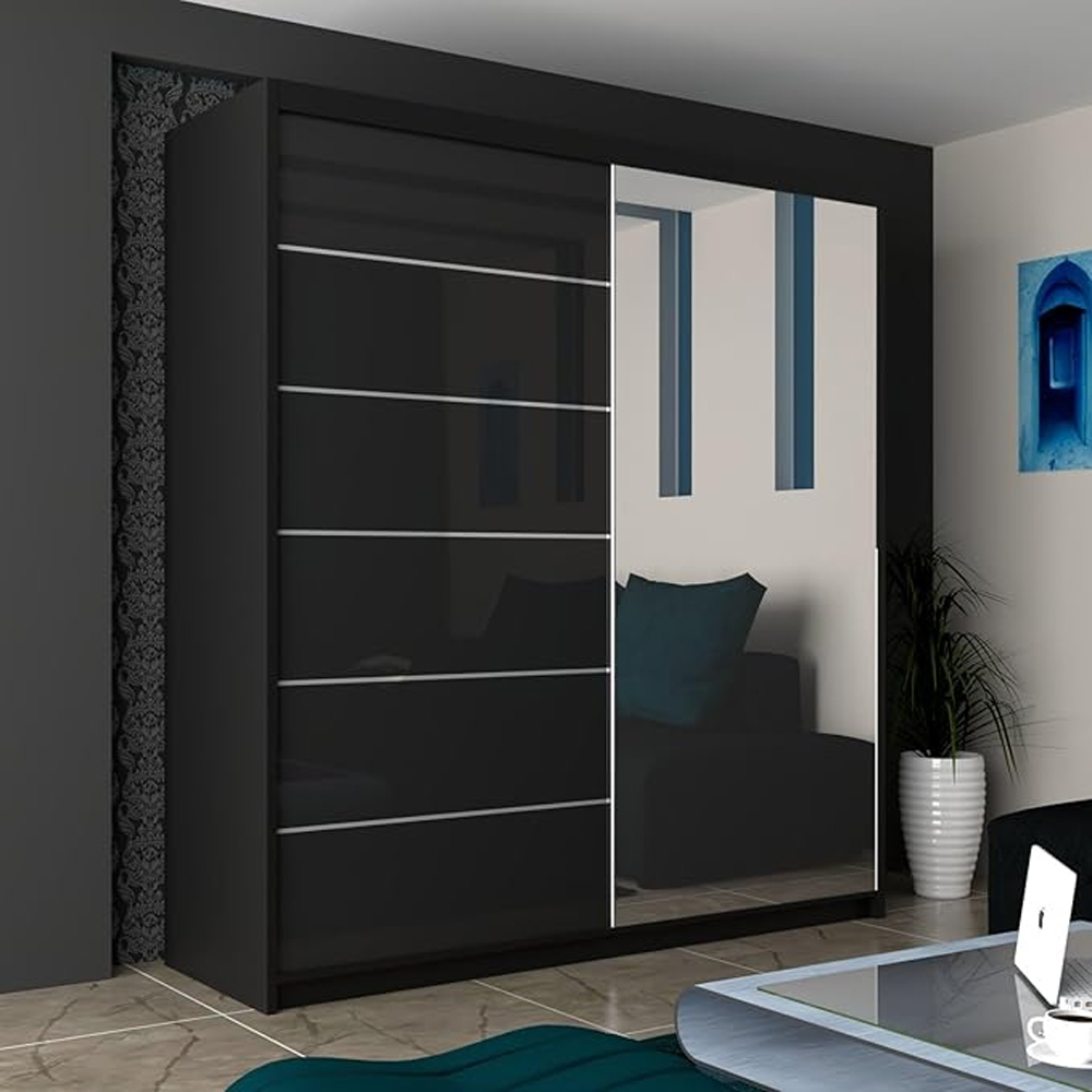 M N Furniture Inovo 2 Door Black High Gloss Mirrored Sliding Wardrobe 180cm Image 3