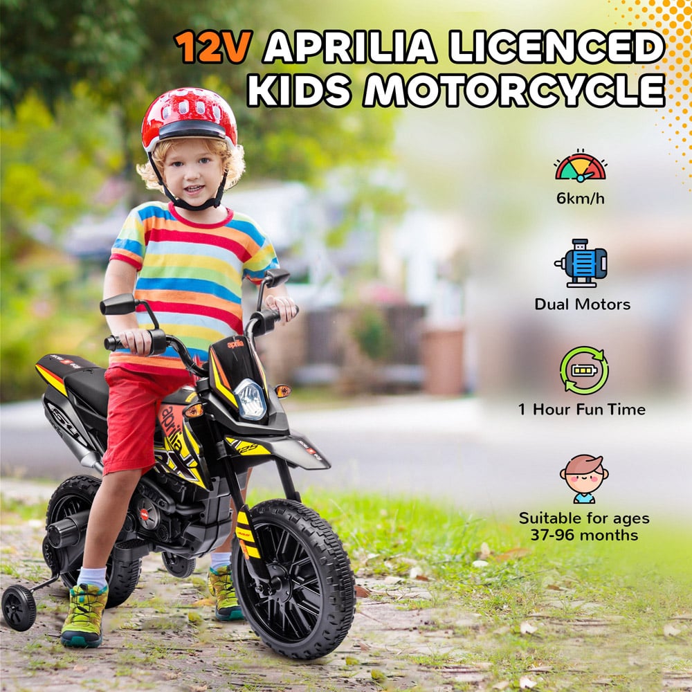 Tommy Toys Yellow Aprilia Licensed Kids Motorbike with Training Wheels 12V Image 4